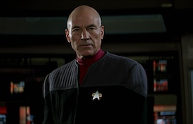 White, male, bald starship captain.