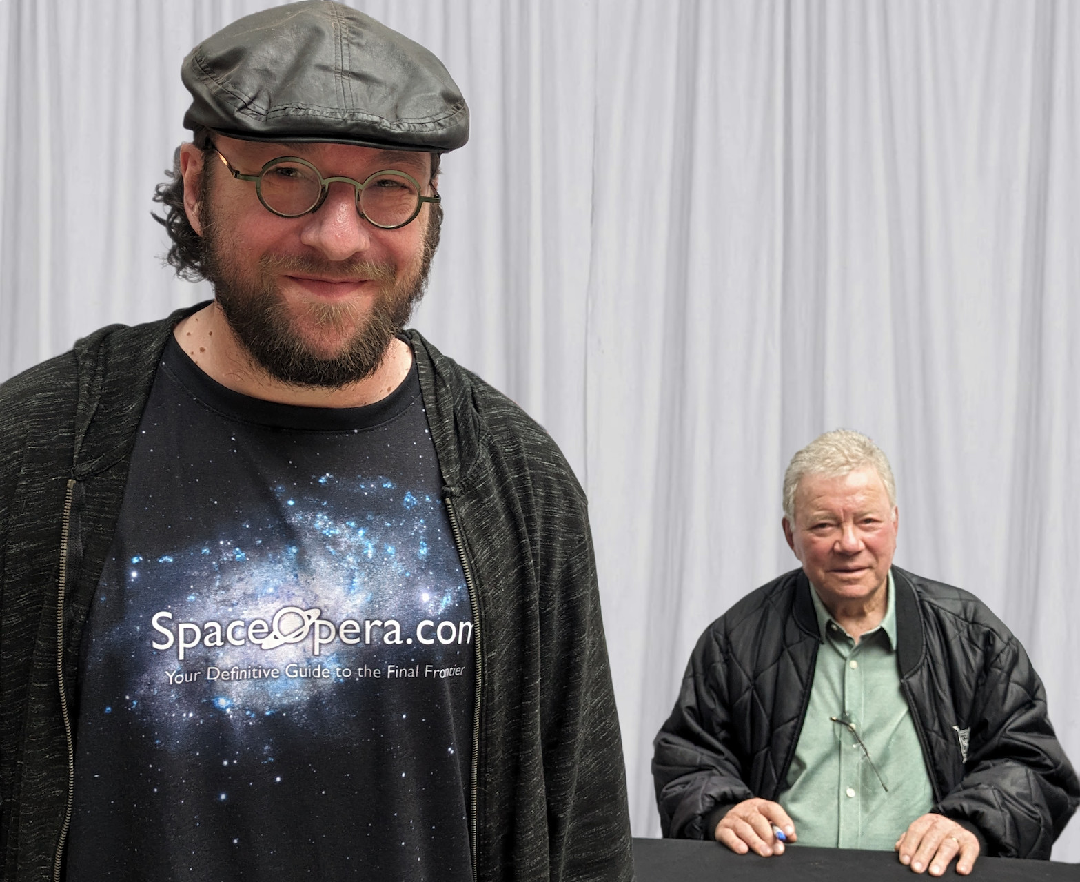 SpaceOpera.com founder Eric Newport wearing a SpaceOpera.com shirt with William Shatner